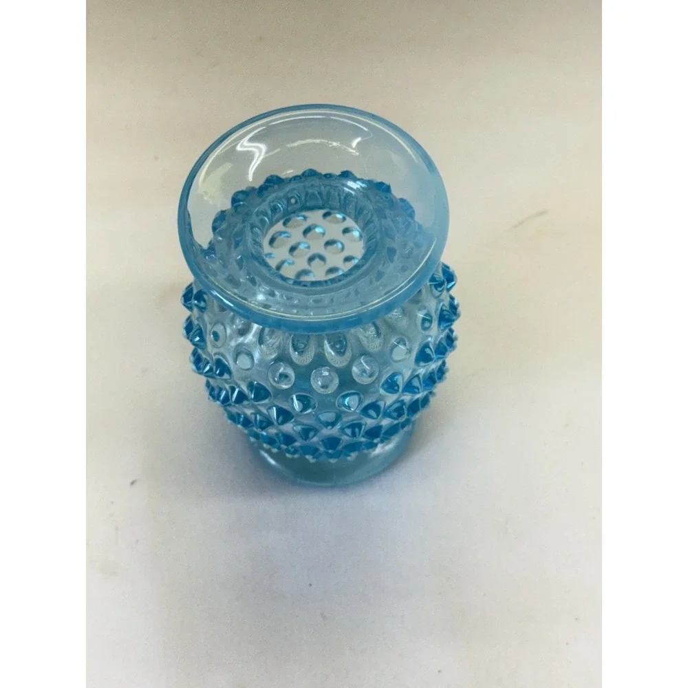 VTG Fenton Blue Opalescent Hobnail Glass Small Bud Vase 3.75